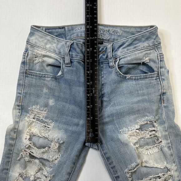 American Eagle 00 Hi Rise Jegging 360 Super Stretch Destroyed Denim Jeans 23x28 - Picture 7 of 16